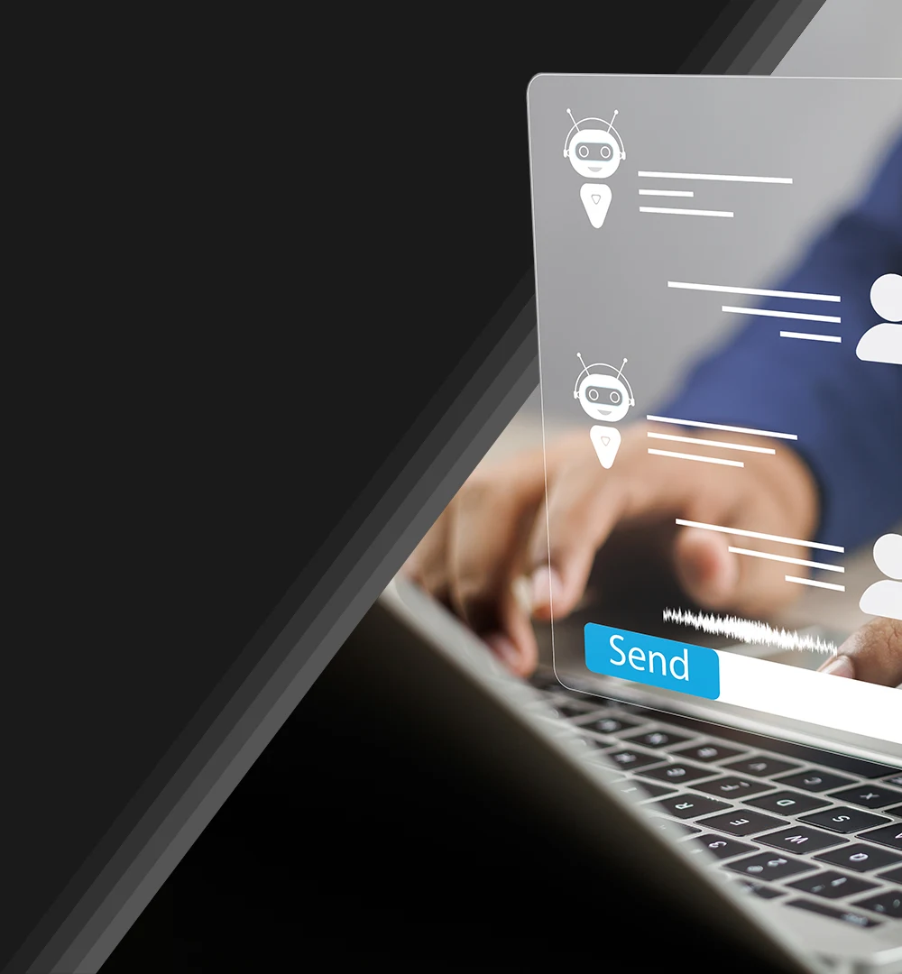 man using computer with superimposed AI interface above laptop keyboard.