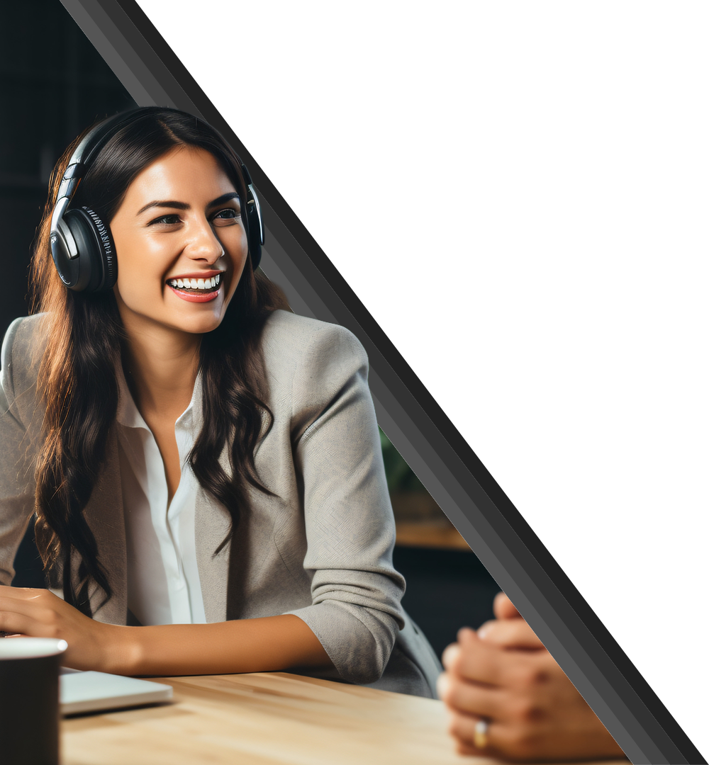 young podcaster wearing headphones and laughing while recording an episode.